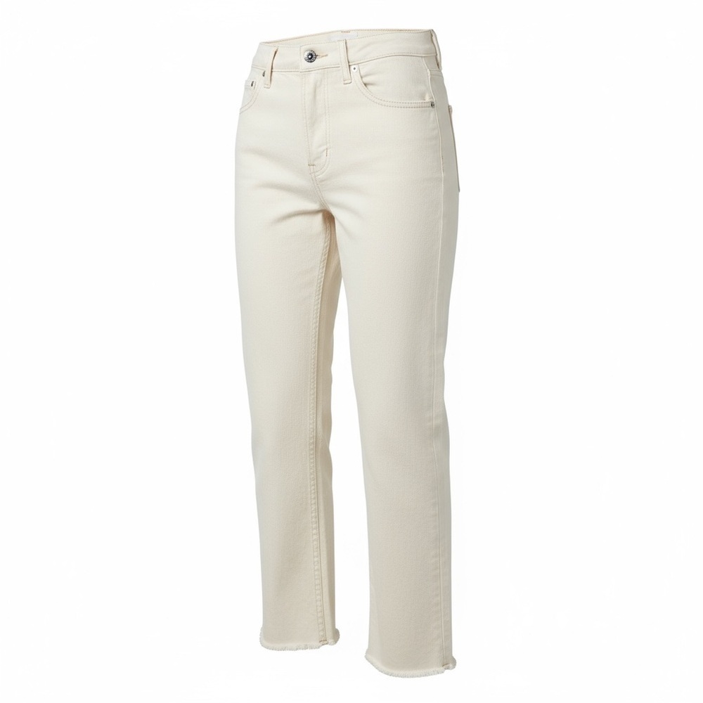 Zara Womens Straight Leg Jeans Ivory Cream High Waisted Raw Hem Button Fly Sz 4